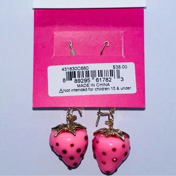 NEW BETSEY JOHNSON Pink Strawberry Dangle Earrings - Picture 2 of 2